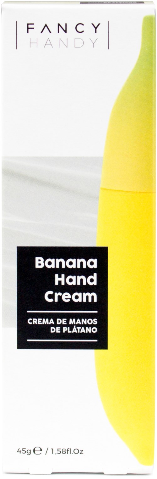 En låda för bananduschkräm med en gul bananbild på framsidan och texten 'FANCY HANDY' och 'Banana Hand Cream.'
