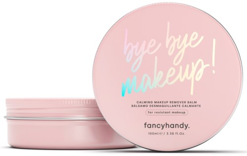 En rund rosa behållare med lock. Den har text om makeupborttagningsbalsam och ett varumärkesnamn, fancyhandy.