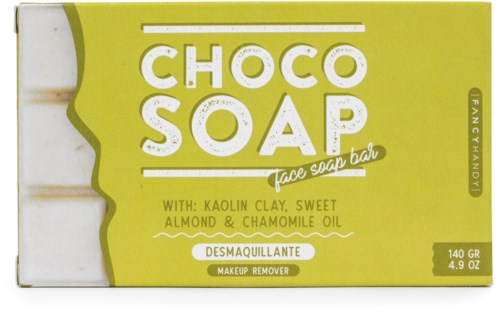 En grön förpackning av Choco Soap ansiktstvål med kaolinkol, mandel och kamomillolja, för att ta bort smink.