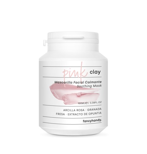 En hvit krukke med rosa og svart tekst, merket som Pink Clay Beroligende Ansiktsmaske, inneholder 100 ml, med en rosa leirkillustrasjon.