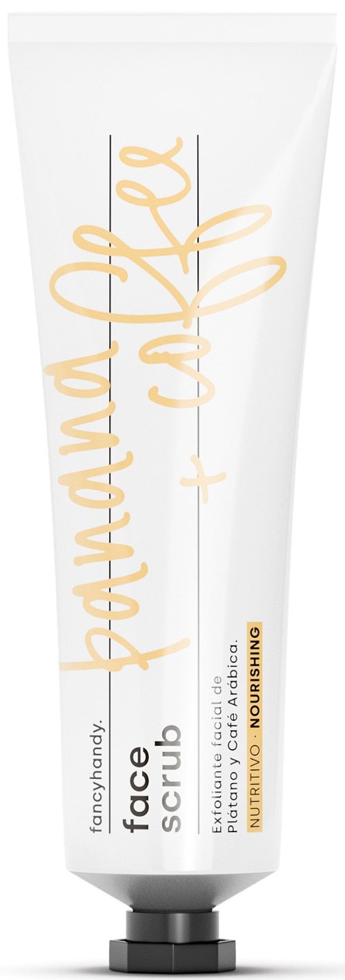 En vit tub med ansiktsskrubb med guld- och svart text, märkt "peach and cake +" och "nourishing".