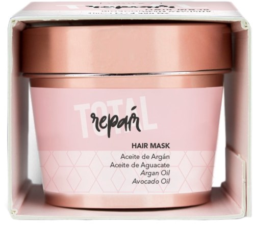 Rosa behållare med Total Repair hårmask med argan, avokado och olivoljor. Kommer i en vit låda.