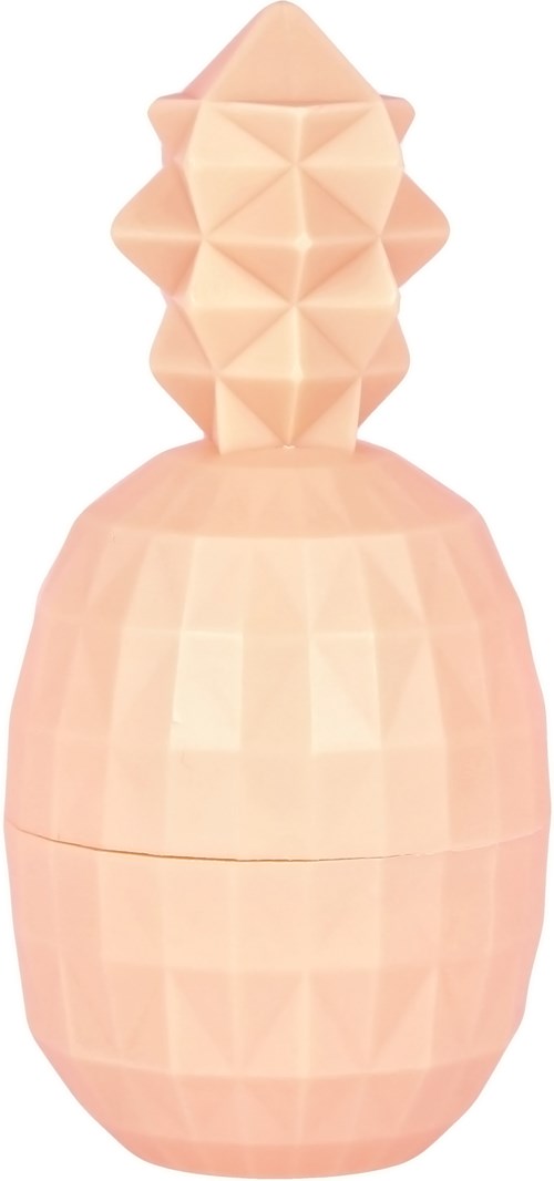 En persikolfärgad dekorativ behållare formad som en ananas med en texturerad yta och spetsigt topp.