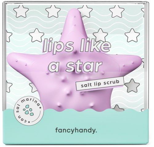 En lila stjärnformad behållare med text, omgiven av mindre stjärnor, som marknadsför en saltläppskrubba av fancyhandy.