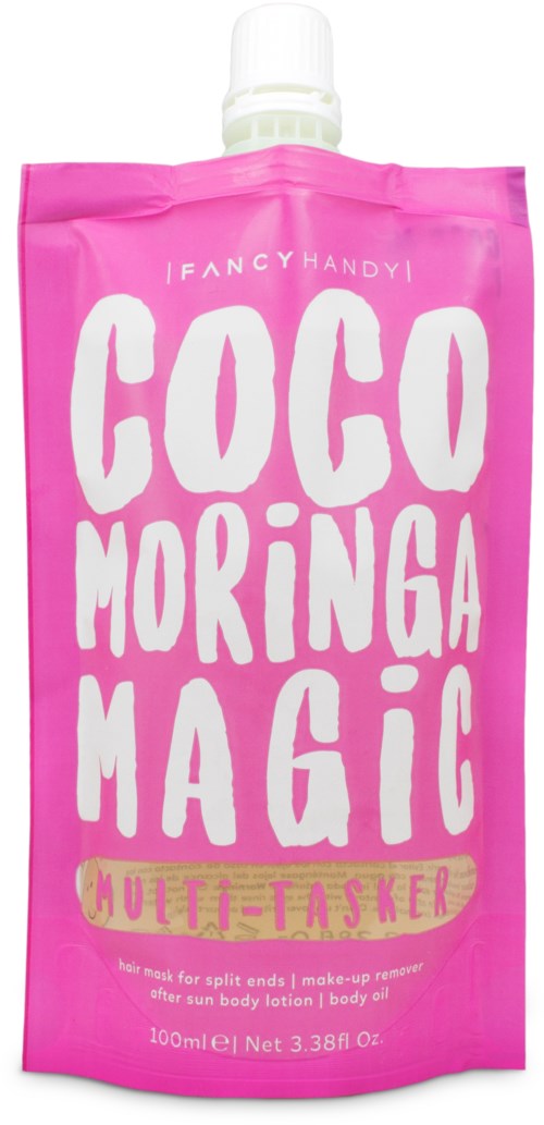 En rosa påse med vit lock, med texten 'COCO MORINGA MAGIC' i stora vita bokstäver och 'Multi-Tasker' i rosa.