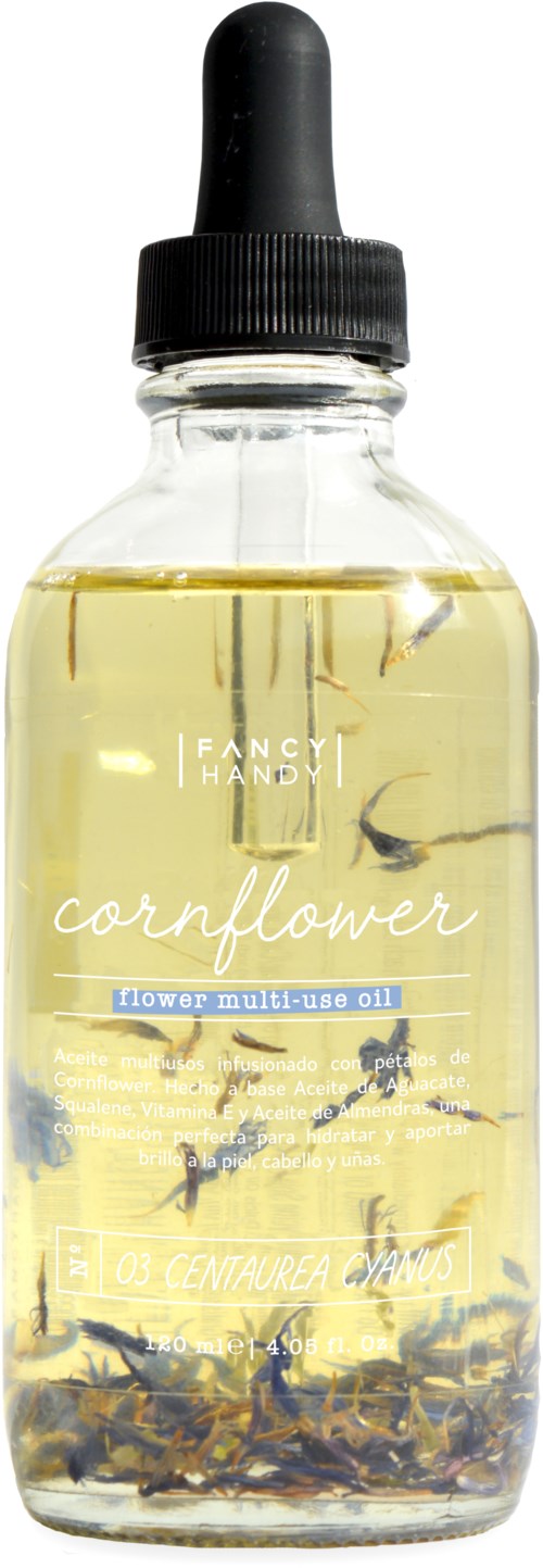 En tydlig flaska med svart pipettlock innehållande gulaktig vätska och blomdelar som flyter inuti.
