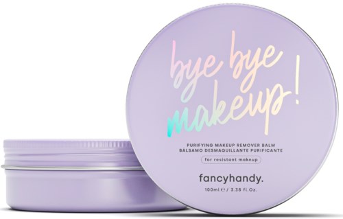 En lilla beholder med makeupfjerner balm med pastelbogstaver, der siger "bye bye makeup" og nævner, at den er til modstandsdygtig makeup.