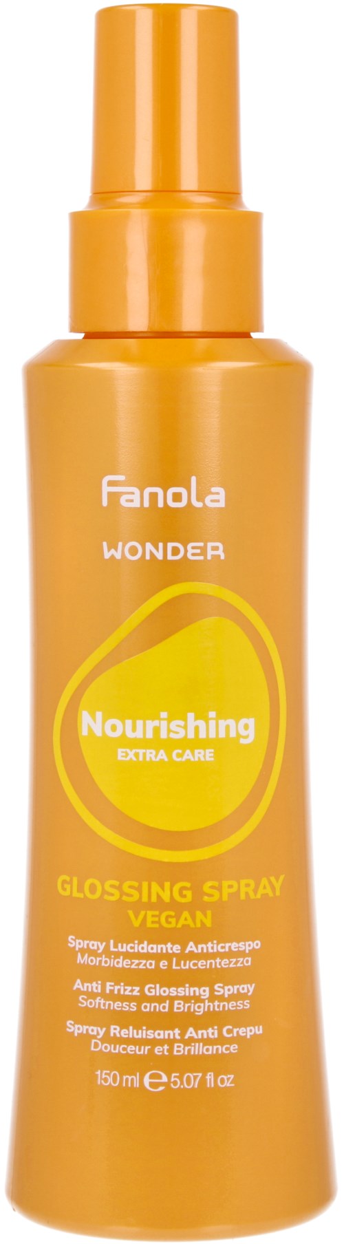 A yellow bottle of nourishing glossing spray labeled 'Fanola Wonder,' vegan, 150ml.