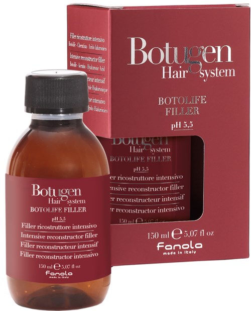 En liten brun flaska inuti en rosa box, märkt 'Botulgen Hair System' och 'Botolife Filler'.