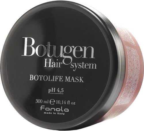 En svart rund behållare med vit text för Botugen Hair System Botolife Mask, pH 4,5, 300 ml, tillverkad i Italien.