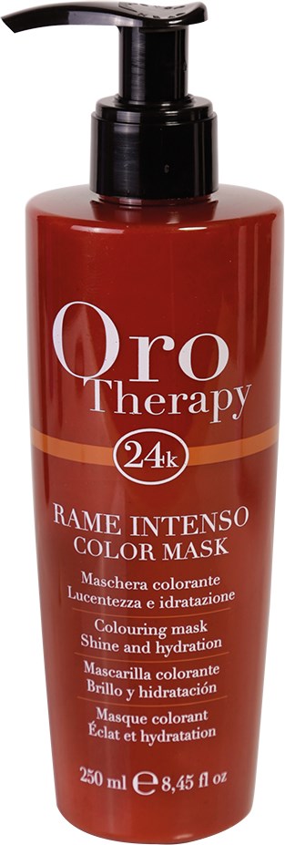 Röd flaska med svart pump, etikett säger Oro Therapy Rame Intenso Color Mask, 250 ml, för hårfärg och hydrering.