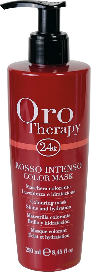 En röd flaska med pump som heter 'Oro Therapy' och marknadsför färgmask för glans och hydrering, innehåller 250 ml.