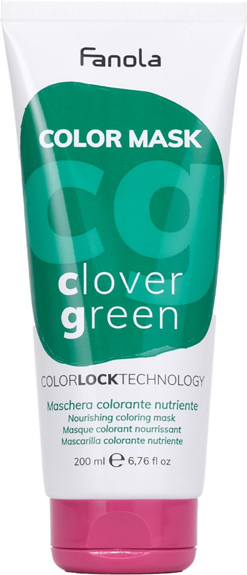 En tub med Fanola Clover Green färgmask med grönt och rosa design.