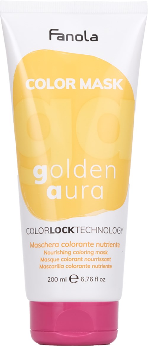 En tub med Fanola Golden Aura färgmask för närande och färgning av hår, med 200 ml kapacitet.