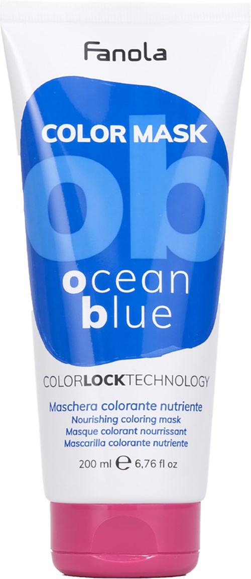 Ett tube Fanola Ocean Blue färgmask med blå och vit etikett, rosa lock och 200 ml storlek.
