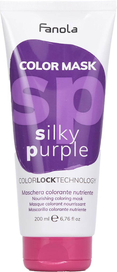 En tub med Fanola Silky Purple hårfärgmask, med lila och rosa design på vit bakgrund, 200 ml.