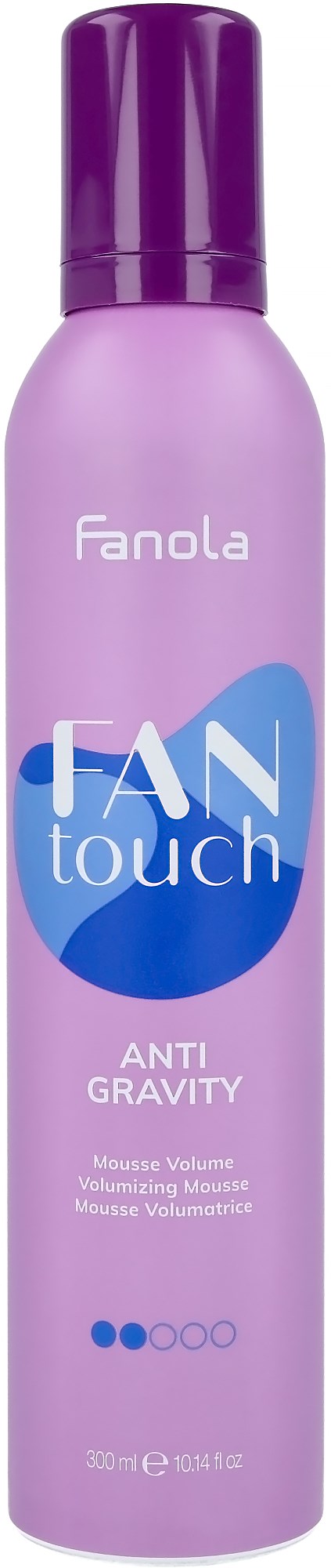 A purple can of Fanola foam for hair, labeled 'Anti Gravity,' with a purple cap and blue design elements.