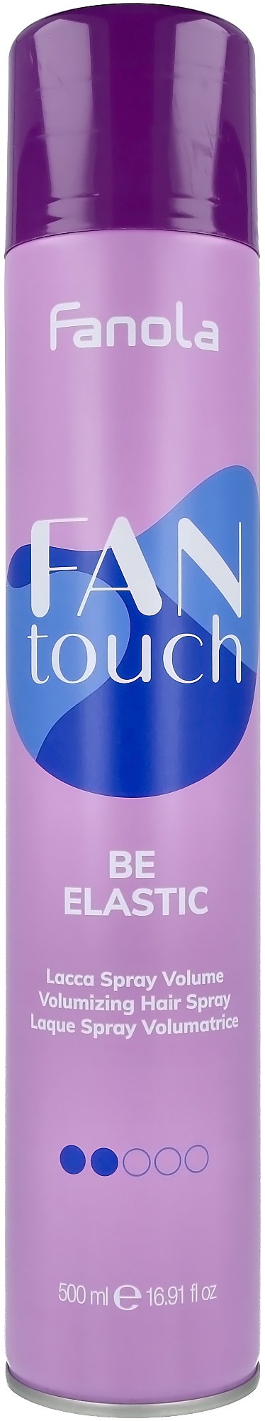 En lang lilla og blå hårsprayboks merket "Fan touch" og "Be elastic".