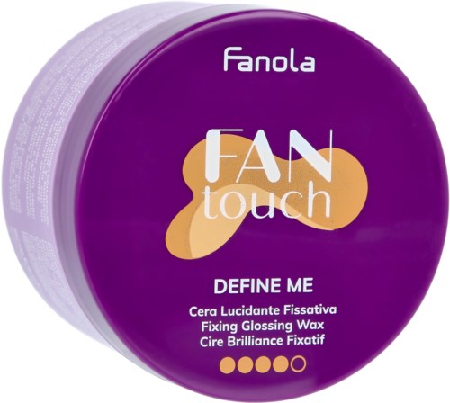 A purple container of Fanola's fixing glossing wax with a logo and product name on the lid.