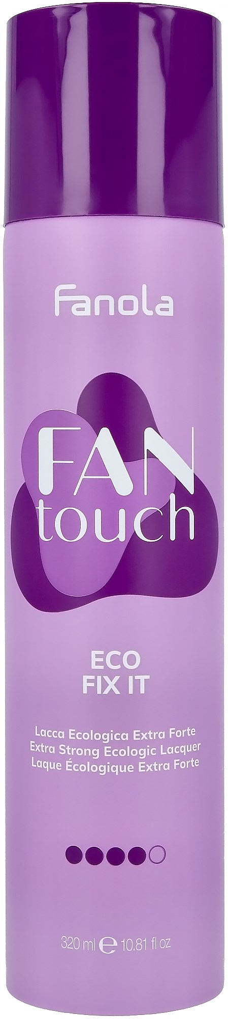 A tall purple spray bottle labeled Fanola Eco Fix It and Fan touch, with a purple cap and four dots indicating size.