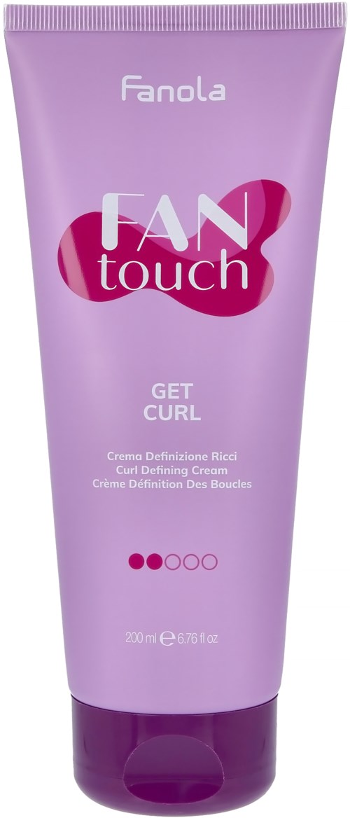 En lavendelfarget tube med hårstylingkrem kalt Fanola Fan Touch Get Curl med rosa og lilla design.
