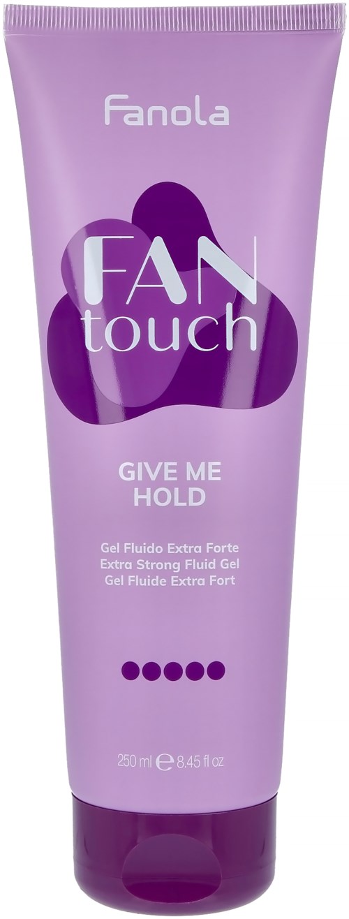 En lilla tube med gel kalt 'Fan Touch', merket 'Give Me Hold', inneholder ekstra sterk flytende gel for styling.