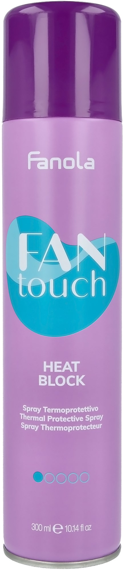 Fioletowa puszka spray'u z napisem 'Fanola' i 'FAN touch HEAT BLOCK'. To jest spray chroniący przed ciepłem.