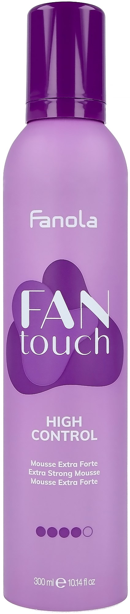 En lila flaska med mörkare lila kork, märkt 'Fanola' och 'Fan Touch High Control,' används för hårstyling.