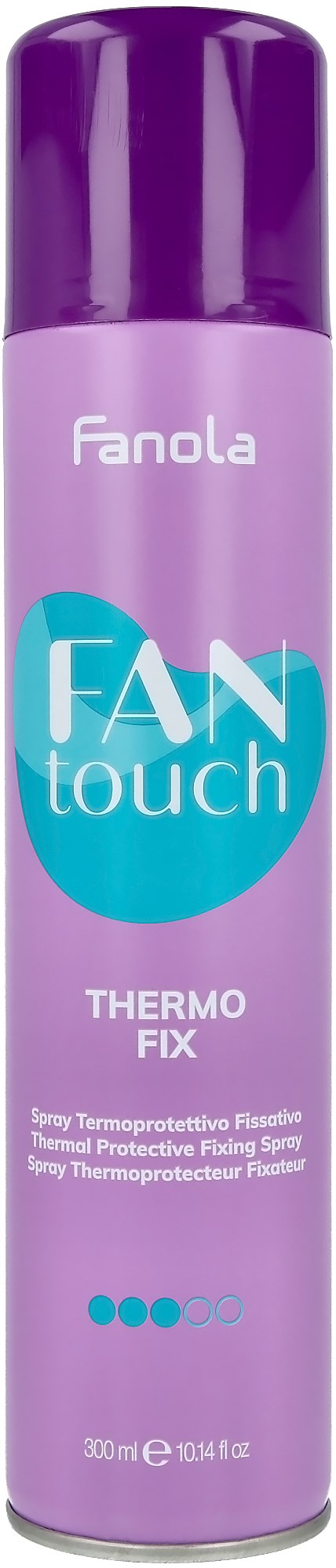 Wysoka, fioletowa puszka z marką 'Fanola' i produktem 'Fan Touch Thermo Fix' do pielęgnacji włosów.