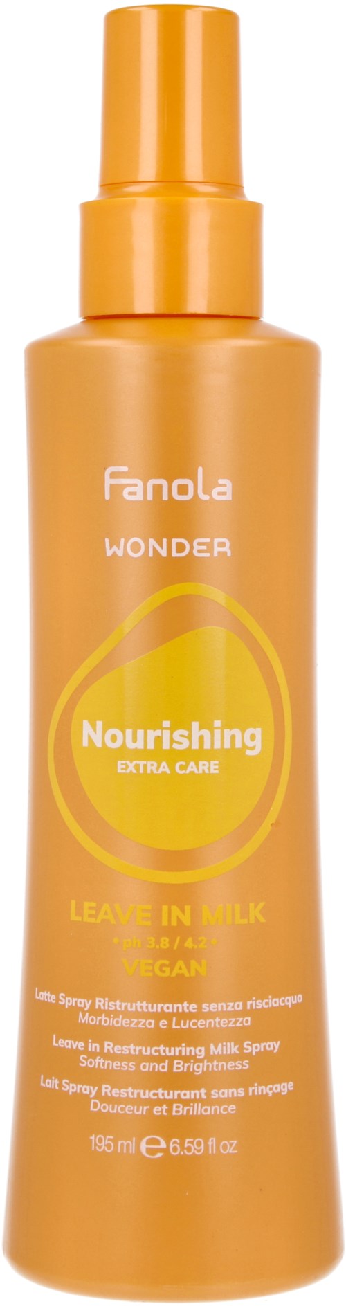 Orange sprayflaska märkt 'Fanola Wonder Nourishing Leave-in Milk' för hårvård.