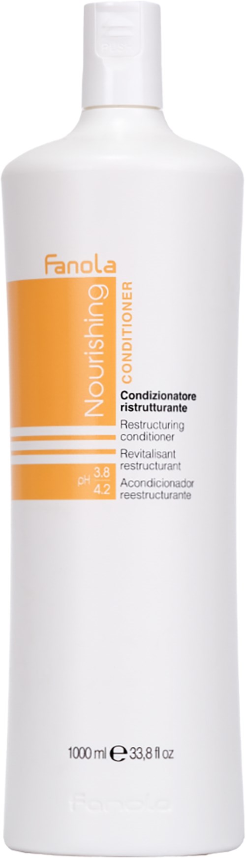 Biała butelka z pomarańczowym i czarnym tekstem, oznaczona jako Fanola Nourishing Restructuring Conditioner, 1000 ml.