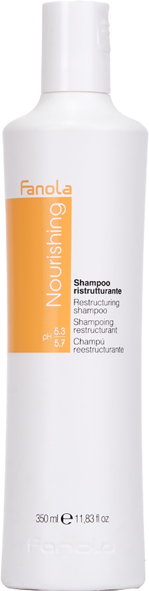 Biała butelka z pomarańczową etykietą, na której napisano Fanola Nourishing Restructuring Shampoo, 350 ml.