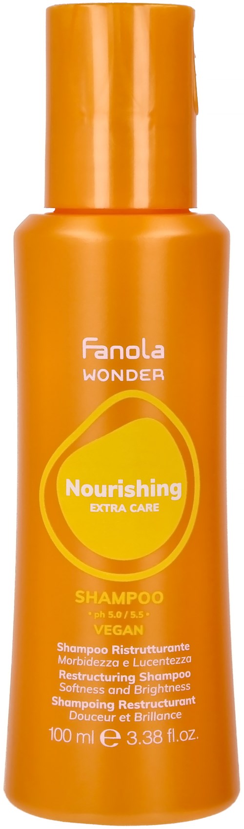 En orange flaska med närande schampo märkt 'Fanola WONDER Nourishing Extra Care' för hårstrukturering, 100 ml.