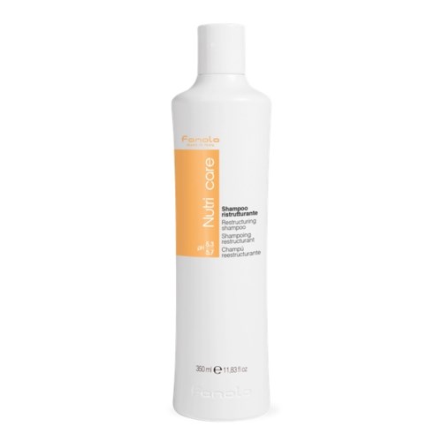 En hvit flaske med omstrukturering sjampo med oransje og hvit etikett, 350 ml.