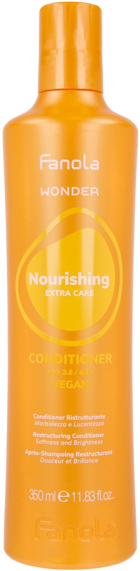 Oransje flaske med Fanola Wonder Nourishing balsam med ekstra omsorg og veganske ingredienser.