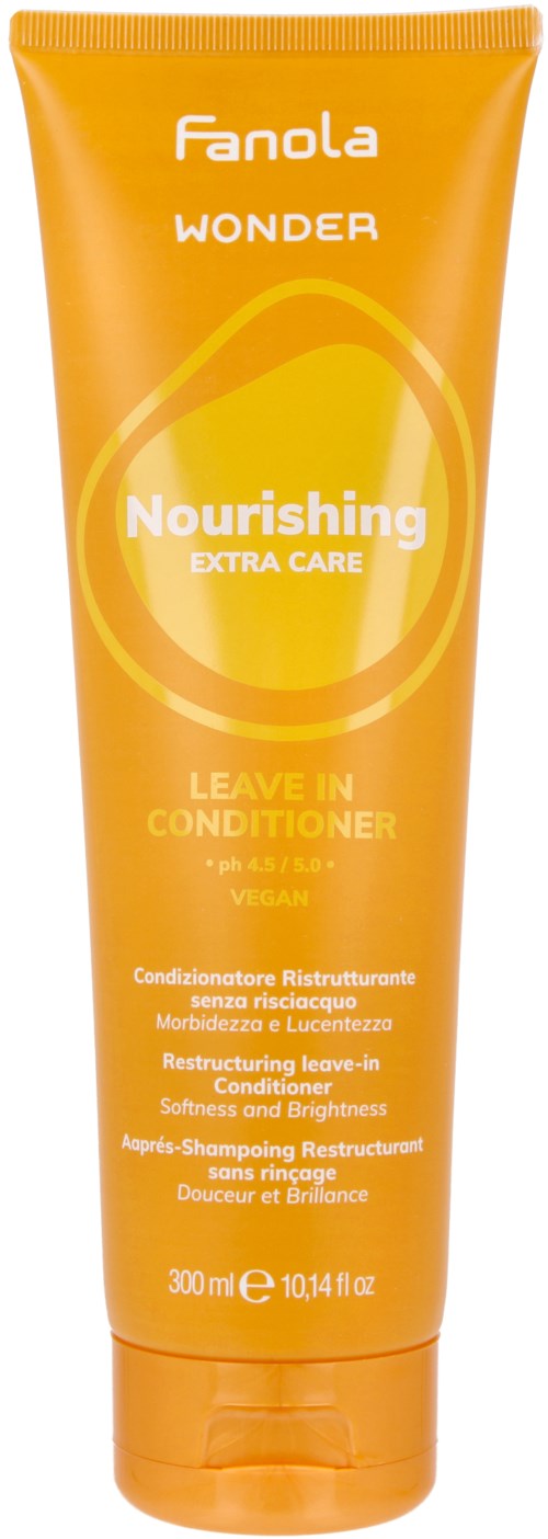 En oransje tube med Fanola Wonder Nourishing Leave-In Conditioner for skadet, sprøtt og ubalansert hår.
