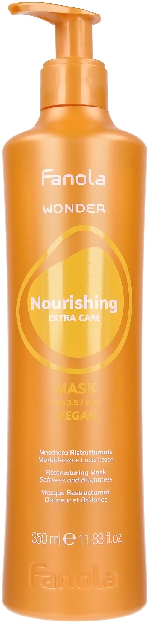 Orange bottle of Fanola Wonder Nourishing shampoo with pump, 350 ml. Features extra care for hair health.