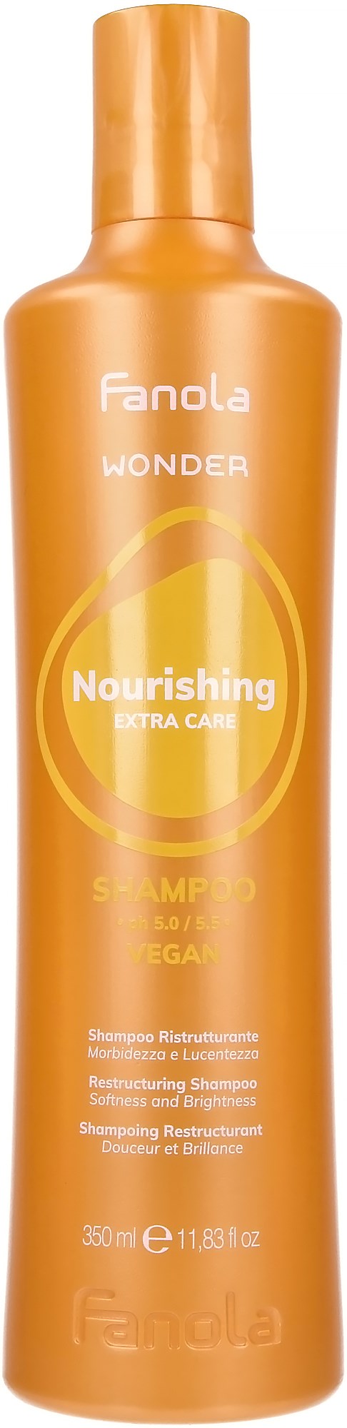 Oransje flaske med nærende sjampo med Fanola Wonder Nourishing Extra Care etikett.