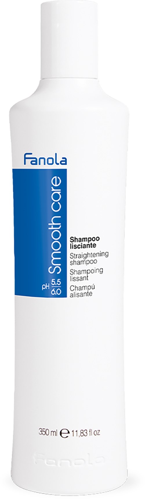 White bottle with blue label. Text says Fanola, Smooth Care, shampoo, pH 5.5, 350 ml.