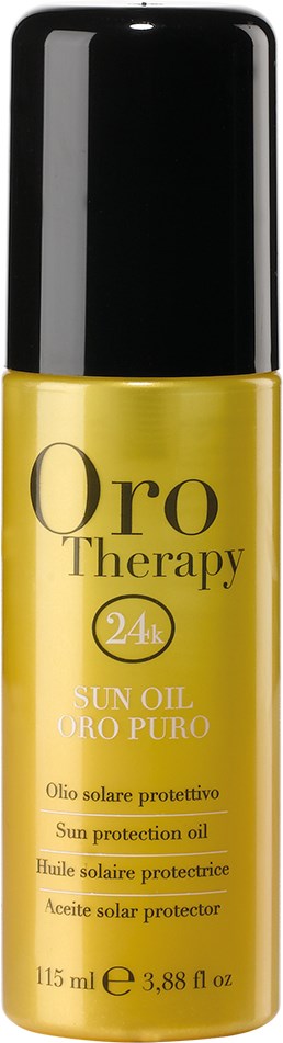 En gul flaska märkt 'Oro Therapy' Sololja med 24k, för solskydd, 115 ml. Svart lock.