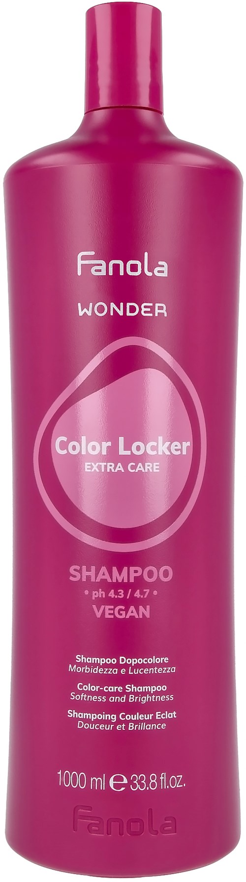 En rosa flaske med Fanola Wonder Color Locker Shampoo. Den har lokk og tekst om vegan og ekstra pleie.