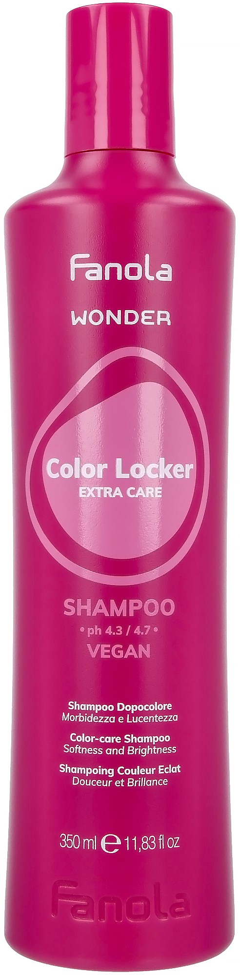 En rosa flaske av Fanola Wonder Color Locker Extra Care sjampo for vegansk hår, med pH 4,3/4,7, 350 ml.