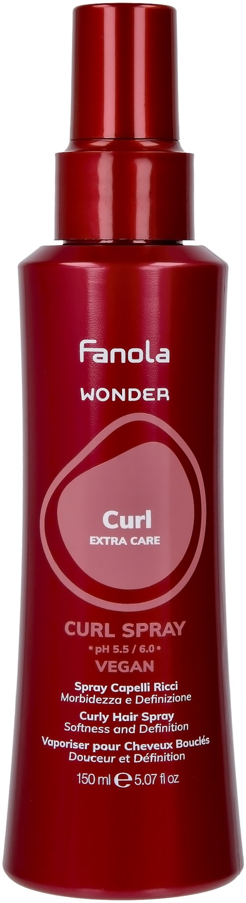 En röd sprayflaska märkt Fanola Wonder Curl Extra Care, 150 ml, vegansk, för lockigt hår.