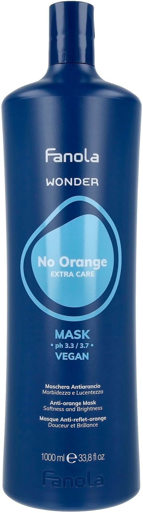 En blå flaske med Fanola Wonder No Orange Extra Care maske med pH 3,3/3,7, vegan, 1000ml. Fokus på hårpleie.