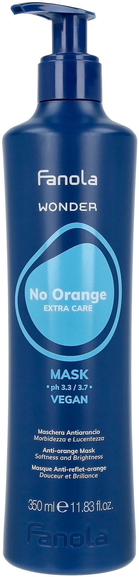 Blå flaske fra Fanola Wonder No Orange maske, 350 ml, vegan, for anti-aldring, mykhet og lysstyrke.