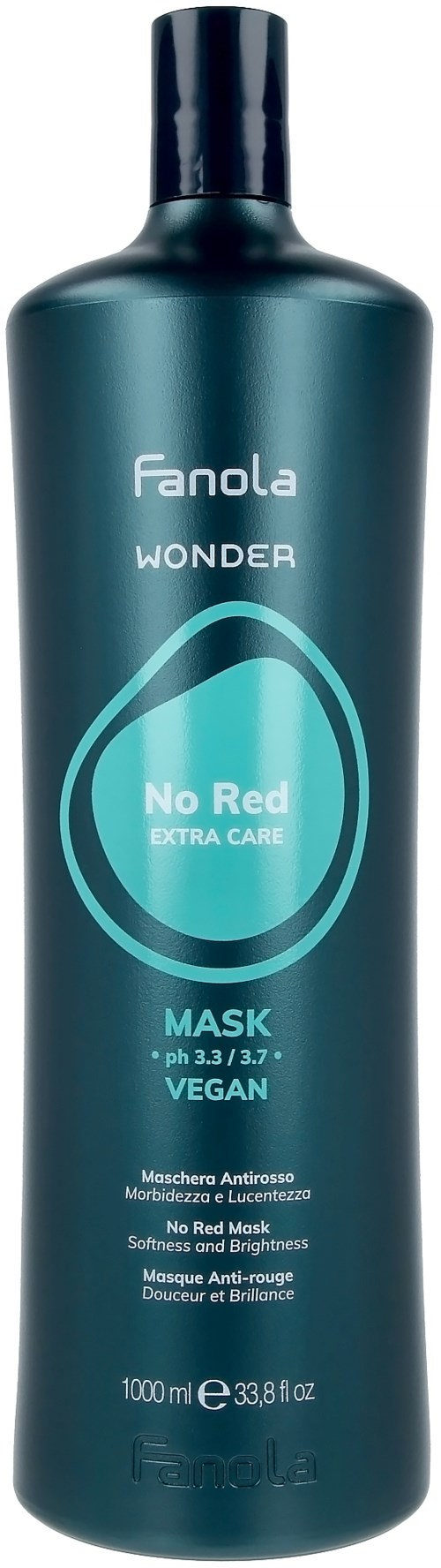 Svart flaska med blå etikett säger Fanola Wonder No Red mask, vegansk, för extra vård, 1000 ml.