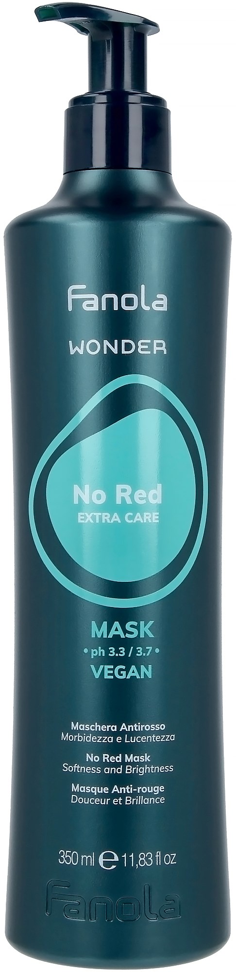 En mörkblå flaska med pump, märkt Fanola Wonder No Red Extra Care Mask, vegansk, 350 ml.