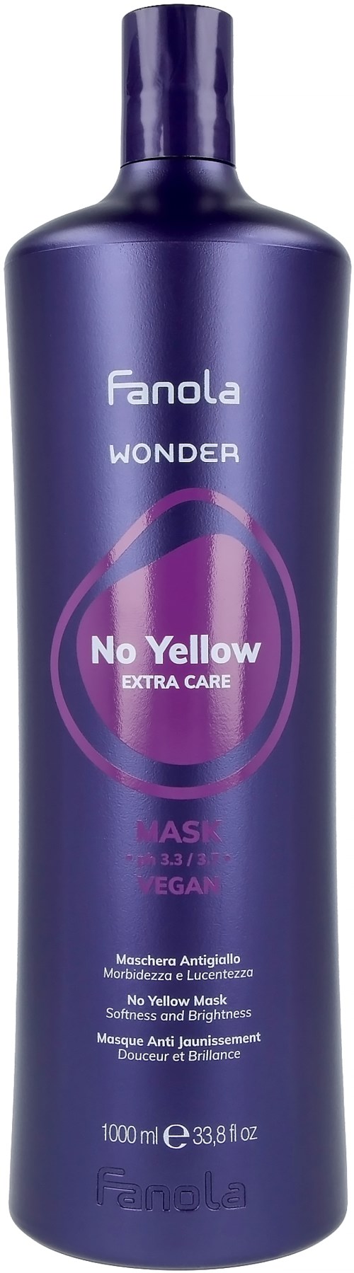 Tämä on tumman violetti pullo Fanola Wonder No Yellow shampoota vaalealle tai harmaalle hiuksille.