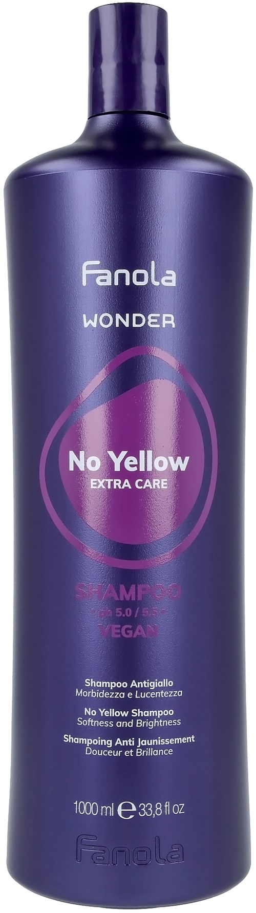 A purple bottle of Fanola Wonder shampoo called No Yellow Extra Care.