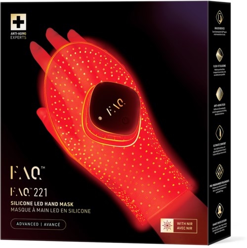 Punainen käden muotoinen silikoninen LED-maskki, jossa pieniä valoja, hohtaa pimeässä, ja sisältää brändin ja ominaisuudet.